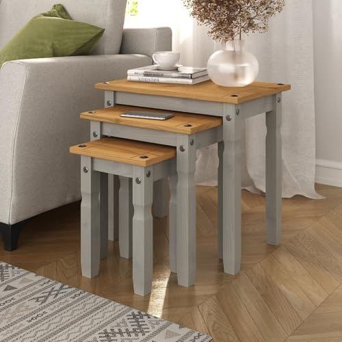 Corona Nest of Tables Solid Pine Wood Set of 3 Living Room Grey Painted H51 x W53 x D36cm