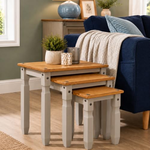 Corona Nest of Tables Solid Pine Wood Set of 3 Living Room Grey Painted H51 x W53 x D36cm