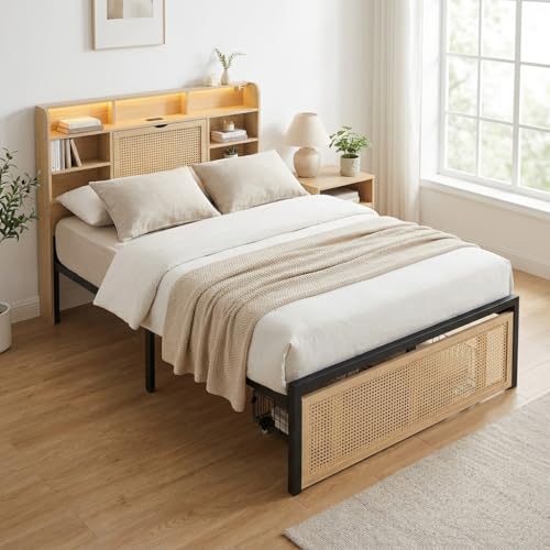39F Furniture Dream Wooden Single Bed Frame with Storage Headboard, LED Strip Light, Charging Port & Rattan-Style Drawer, 3ft (90×190cm)