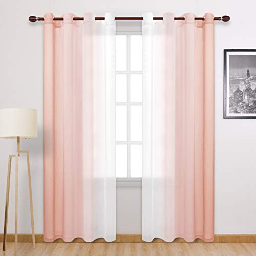 DWCN Blush Pink Faux Linen Ombre Sheer Curtains - Gradient Semi Voile Curtains for Bedroom and Living Room, Set of 2 Grommet Top Window Curtain Panels, 52 x 108 Inches Long