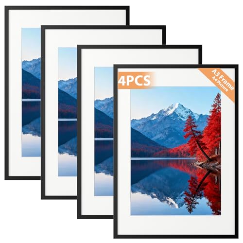 Alyvisun 4 Pack A3 Picture Frame, A3 Photo Frame for Pictures 20.5 x 28.7 cm with Mat or 28.7 x 41 cm Without Mat, Picture Frames Horizontal & Vertical for Wall Hanging, Photos Posters Art, Black