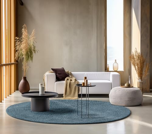 freundin Home Collection Shaggy Round Rug - Fluffy High Pile Living Room Rug - Plain Soft Easy Care Long Pile for Living Room, Dining Room, Bedroom, Children's Room - Petrol, 140 cm