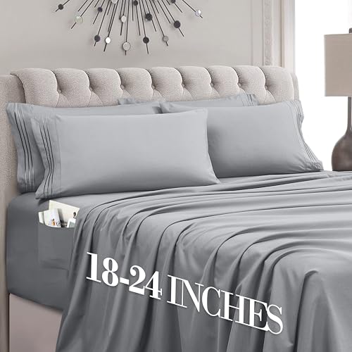 Mocassi Luxury 4-Piece Sheet Set, Ultra Soft 1800 Premium Hotel Quality Microfiber Sheet Set, Fits Mattresses Up to 18 to 24 Inches Extra Deep Pocket - Breathable and Secure Fit, Twin, Silver