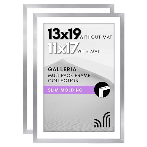 Americanflat 13x19 Picture Frame with Polished Plexiglass - Set of 2 - Use as 11x17 Frame with Mat or 13x19 Frame Without Mat - Galleria Collection - Gallery Wall Frame Set for Wall Display - Silver