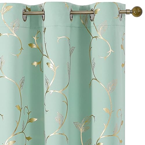 BUHUA Blackout Curtain 2 Panel Set Gold Vine Foil Print Thermal Insulated Drapes Room Darkening Curtains Grommet Window Treatment, 38 x 72 Inch, Aqua