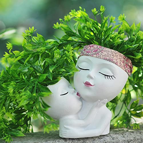 Head Planter Mother and Child Cute Face Planter Pots Head Resin Flower Pots for Indoor Plants with Drainage Hole (White)