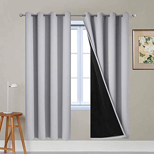 Yakamok Full Blackout Window Curtains 72 Inches Long, Blackout Curtain Panels for Bedroom, 2 Thick Layers Grommet Top Thermal Insulated Drapes with Black Liner for Living Room (Light Grey, Set of 2)