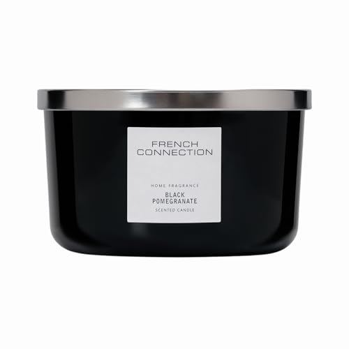 French Connection Black Collection Scented Jar Candle - Premium Shea Butter Wax - Long Burning Candles Gifts Box for Her - (Large - 436G, Black Pomegranate)
