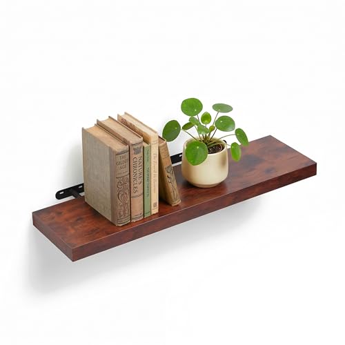 Relaxdays wall shelf, 4 x 80 x 23 cm, wood-effect & metal, living room/hallway shelf for books & decor, brown/black