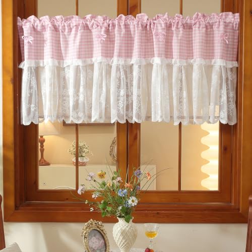"Huierxun Pink and White Buffalo Check Plaid Window Valances Floral Lace Semi Sheer Kitchen Curtain Farmhouse Gingham Curtains Rod Pocket Valances for Living Room (Pink A,59""x18"")"