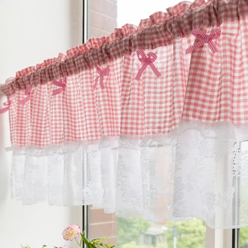 "Huierxun Pink and White Buffalo Check Plaid Window Valances Floral Lace Semi Sheer Kitchen Curtain Farmhouse Gingham Curtains Rod Pocket Valances for Living Room (Pink A,59""x18"")"