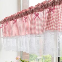"Huierxun Pink and White Buffalo Check Plaid Window Valances Floral Lace Semi Sheer Kitchen Curtain Farmhouse Gingham Curtains Rod Pocket Valances for Living Room (Pink A,59""x18"")"