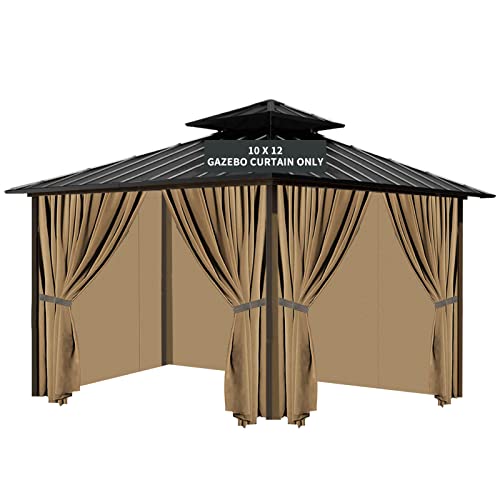 Tngan Gazebo Universal Replacement Privacy Curtain, 10'X12' Gazebo Curtains Outdoor Waterproof, 4-Panels Sidewall Curtains with Zipper for Patio, Garden and Backyard (Only Curtains, 10'X12', Brown)