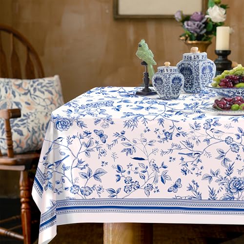 Virtumob Rectangle Tablecloth - 60 x 120 Inch Blue Floral Birds Rustic Tablecloth Classic French Country Printed Table Cover Farmhouse Decoration, Suitable for Home, Kitchen Dining
