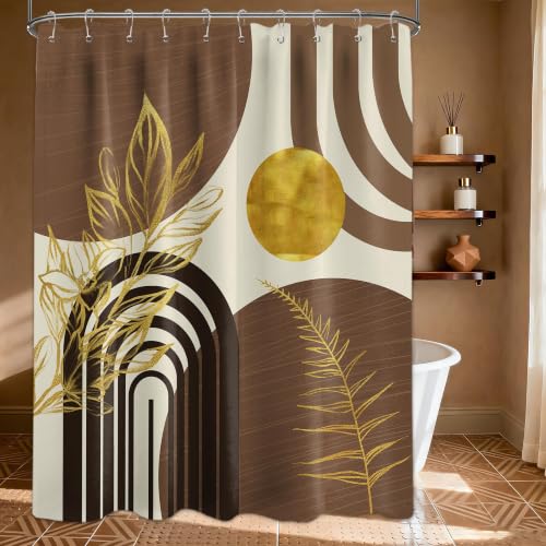QGHOT Mid Century Modern Black and Brown Shower Curtain Boho Beige and Dark Tan Gold Shower Curtains for Mens Bathroom Decor Sets, Waterproof Cloth Fabric with Hooks, 60x72in