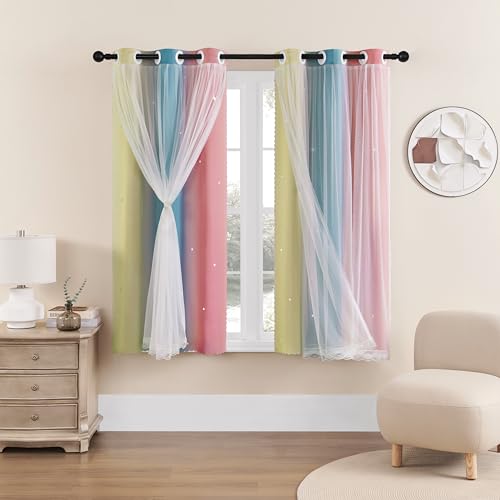 XiDi Curtains for Bedroom Decor, Rainbow Pink-Blue-34-45 - 34 x45 inch, pink and blue layered curtain, kids and girls bedroom decor, white sheer overlay,room darkening, grommet top