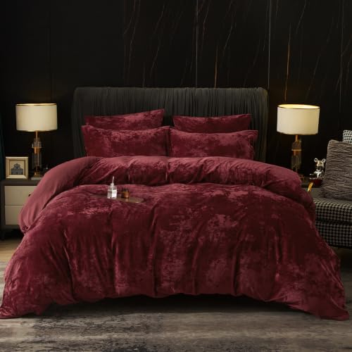 "PHF Truly Velvet Duvet Cover Set California King Size, 3pcs Ultra Soft Breathable Comforter Cover Set, Luxury Cozy Flannel Duvet Cover with Pillow Shams Bedding Collection, 104"" x 98"", Wine Red"