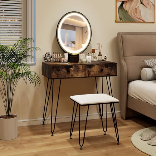 RELAX4LIFE Dressing Table Set, Adjustable LED Lighted Makeup Vanity Desk with Stool, Mirror and Drawers, Cosmetic Bedroom Dresser Makeup Table for Girls Women (Rustic Brown Look + Makeup Box)
