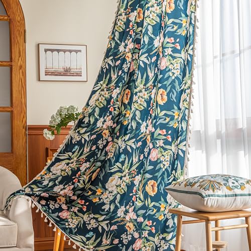 Erbnaryx Boho Floral Curtains French Country Farmhouse Curtains 63 Inches Long Light Filtering Window Rod Pocket Drapes for Living Room 2 Panels-Navy Blue Floral