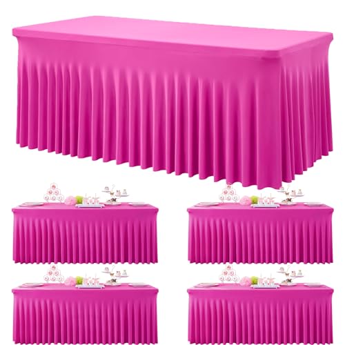 Htper 6ft Hot Pink Spandex Tablecloths for Rectangle Tables, 4pk Stretchy Table Cloths Fitted Tablecover 6 Foot Fuchsia Desk Skirt for Weddings Birthday Party Banquet Baby Shower