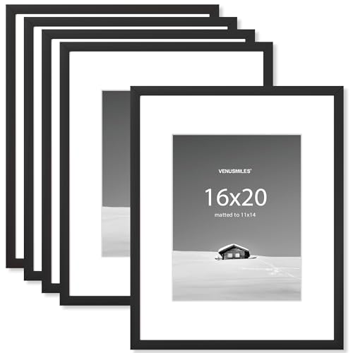 Venusmiles 16x20 inch Picture Frame, 16x20 Photo Frames with 11x14 Removable Mat - High Definition Plexiglass - Vertical and Horizontal Display - Wall Hanging Frame - Black, 5 Pack