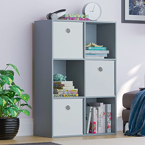 Vida Designs Durham Cube Bookcase Storage Organiser Living Room Bookshelf Home Office Furniture (6 Cube & 3 White Baskets, Grey)