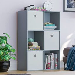 Vida Designs Durham Cube Bookcase Storage Organiser Living Room Bookshelf Home Office Furniture (6 Cube & 3 White Baskets, Grey)
