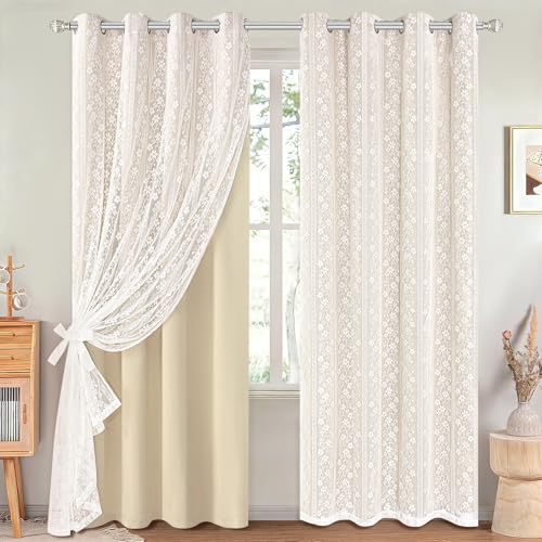 ASPMIZ Beige Blackout Curtains for Bedroom 63 inch Long, Double Layer Curtains with Lace Overlay, Light Blocking Grommet Drapes for Living Room Thermal Insulated Window Curtain Panels Set of 2, 52x63