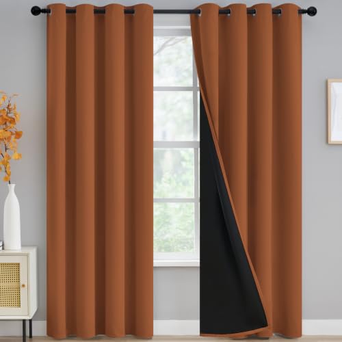 Yakamok 100% Blackout Curtains for Bedroom 84 Inch Length, Total Light Blocking Drapes with Black Backing, Thermal Insulated Solid Grommet Panels for Living Room, 52Wx84L,Burnt Orange, 2 Panels