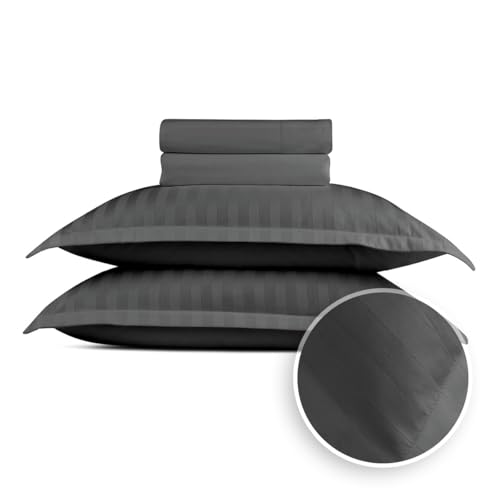 Pure Cotton 4-Piece Bed Linen Set for 2 People, 100% Cotton Satin, 200 Thread Count, 120 g/m², Oeko-Tex, Flat Sheet 240 x 300 cm, Fitted Sheet 180 x 200 x 30 cm, 2 Pillowcases 63 x 63 cm, Dobby – Dark