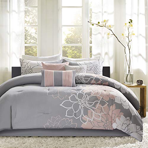 "Madison Park All Season Down Alternative Bedding, Shams, Bedskirt, Decorative Pillows, Cotton Sateen, Grey/Blush, Cal King(104""x92"")"