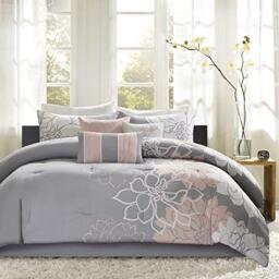 "Madison Park All Season Down Alternative Bedding, Shams, Bedskirt, Decorative Pillows, Cotton Sateen, Grey/Blush, Cal King(104""x92"")"