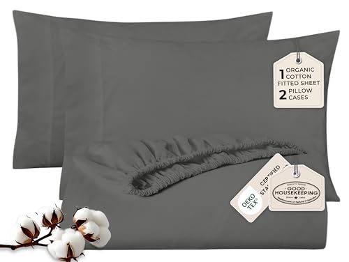 Royale Linens 300 Thread Count 100% Long Staple Combed Cotton 3 Piece King 1 Fitted Sheet, 2 Pillow Cases - Breathable, Cool & Crisp Percale Sheet Set (King, Charcoal)