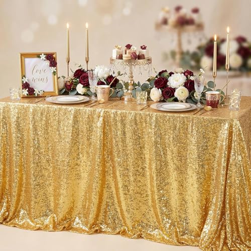 QueenDream Glitter Gold Tablecloth for Parties 90x156 Inch Sequin Fabric Rectangle Table Cloth for Wedding Birthday Banquet