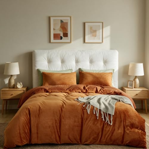 CLOTHKNOW Burnt Orange Velvet Comforter Set California King Fluffy Bedding Comforter Sets Soft Terracotta Comforter with 2 x Pillow Cases