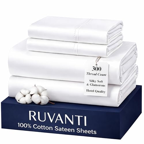 RUVANTI 100% Cotton Sateen Sheets Full Size ??? Hotel Luxury Softness, Silky Smooth & Breathable Comfort, 300 Thread Count Cotton Sheets, Deep Pocket Fit, Cooling Bedding Set 4 Pieces - Bright White