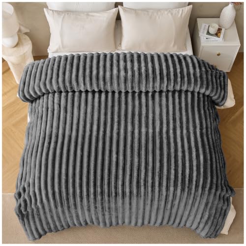 GC GAVENO CAVAILIA Fleece Throw Blanket Soft Bed Throw King Size,Charcoal - Fuzzy Thick Warm, Lightweight, Washable Ribbed Fluffy Blanket - Sherpa Throws For Sofas, Bed, Couch, Arhmchair, 200x240 cm