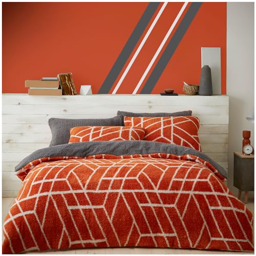 GC GAVENO CAVAILIA Teddy Fleece Duvet Cover Single with Pillowcase - Snuggle Warm Bedding Set - Cosy Bed Linen - Rust