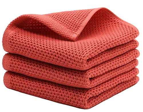Mia's Dream Cotton Hand Towel Waffle Weave Kitchen Tea Towels, Soft and Absorbent Gym Bath Washcloths, 13x28 Inch 3 Pack (Brick Red)