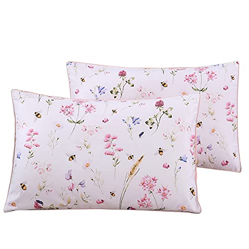 "WINLIFE 100% Cotton Pillowcases Queen Size Pink Floral Bees Printed Pillow Cover 2 Pack, Super Soft Envelope Closure Queen Pillow Case Set (Queen, 20""x30"")"