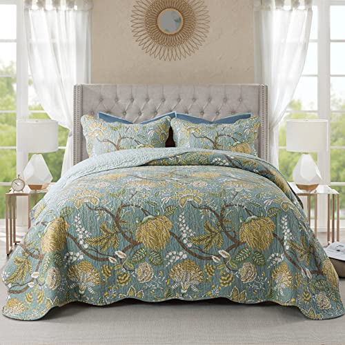 NEWLAKE Cotton Bedspread Quilt Sets-Reversible Patchwork Coverlet Set, Yellow Flower Pattern, King Size