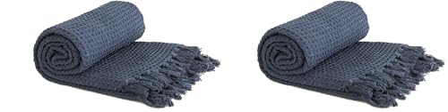 Emma Barclay Honeycomb - Recycled Cotton Plain Waffle Textured Chair Sofa Setee Throw Over Blanket in Navy Blue - 50x60 (127x152cm) (Pack of 2)
