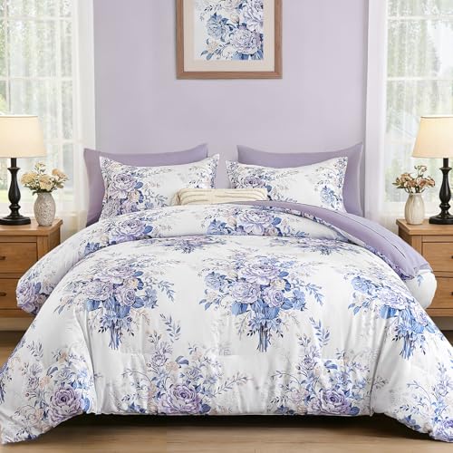 Anibedding 7Pieces Purple Floral Comforter Set Queen Size, Soft Microfiber Purple Bed in a Bag Comforter Set with Sheets for All Season