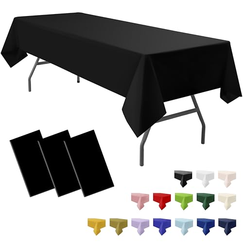 PartiPallete 3-Pack Premium Plastic Black Tablecloth Disposable 54 x 108 Inch. Rectangle Table Cover Party Table Cloths for Birthday Baptism Christening BBQ Picnic Banquet Fits up to 8 ft Tables