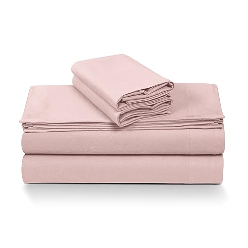 Tribeca Living King German Flannel Deep Pocket Bed Sheet Set, 200-GSM Heavyweight Cotton, 4-Piece Bedding Set, Light Pink