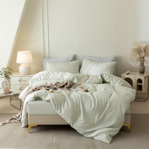 BDEAR Light Green Vintage Duvet Cover Queen Size 90''Wx90''L for Spring and Summer, Percale Pinstriped Textured Duvet Cover with Zipper Closure and 2 Pillowcases, Light Weight and Ultra Soft