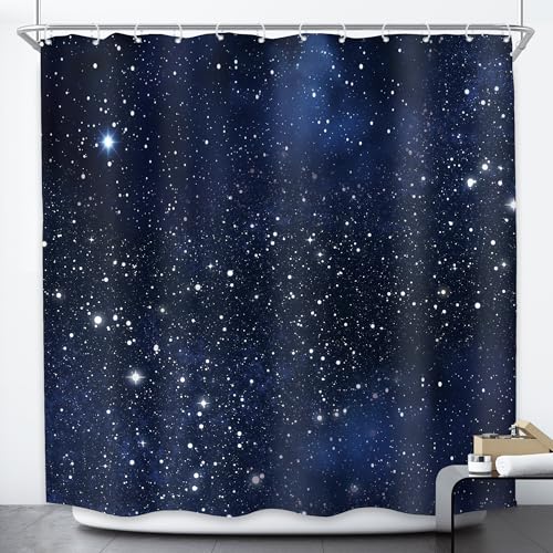 Riyidecor Night Sky Space Shower Curtain (No Glitter) Star Bathroom Decor 72Wx72H Inch Backdrop Dark Blue Cosmic Starry Fantasy Galaxy Universe Outer Space Fabric Waterproof 12 Plastic HooksRY-KKCQ