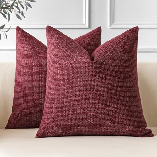 OTOSTAR Pack of 2 Throw Pillow Covers 16x16 Inch Linen Wine Red Pillowcases Farmhouse Decorative Solid Pillow Covers 40x40 cm Square Cushion Case for Home Decor Sofa Couch Bed (Wine Red)