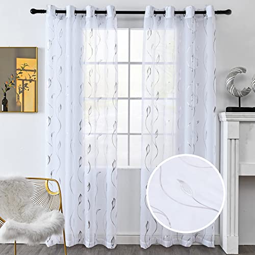 youleyar Silver Foil Print Voile Sheer Curtains,Wicker Grommet Top Window Drapes 72 Inches Long, Luxury Metallic Bronzing Treatment Panels for Home Window Decoration, 2 Panels