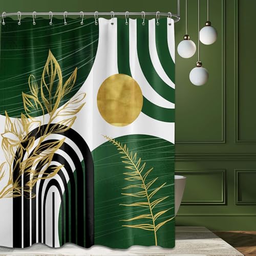 QGHOT Olive Green and Gold Shower Curtain Boho Mid Century Modern Hunter Green Shower Curtains for Bathroom Decor Sets, Waterproof Cloth Fabric with Hooks 70x84in